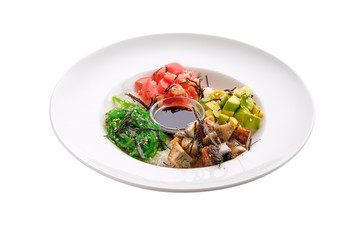 Unagi sashimi rice bowl with avocado, seawed, tomato and soy sauce isolated on white
