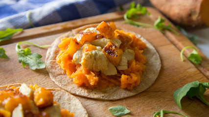 Pinapple, chicken, sweet potato taco.