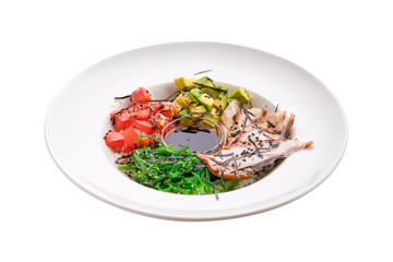 Unagi sashimi rice bowl with avocado, seawed, tomato and soy sauce isolated on white