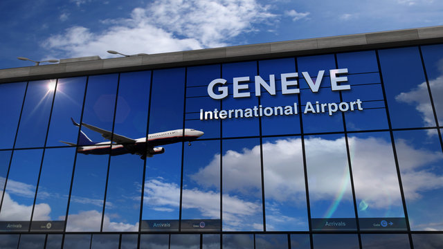 Airplane landing at Geneve mirrored in terminal