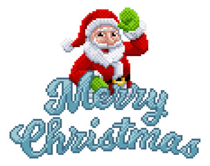 Santa Claus and merry Christmas message in 8 bit pixel art video game style