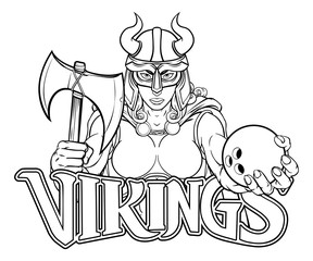 A Viking female warrior woman gladiator ten pin bowling sports mascot