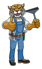 A wildcat cartoon mascot car or window cleaner holding a squeegee tool and giving a thumbs up