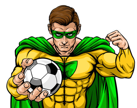 Superhero holding a soccer football ball sports mascot