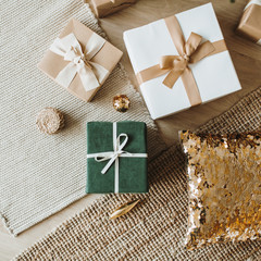 Christmas / New Year gift boxes with bows. Winter holidays gifts packaging concept. Flat lay, top...