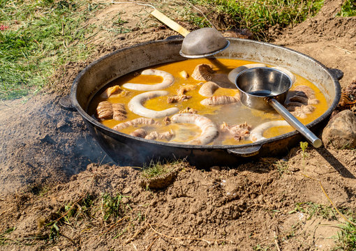 Sausage of horse meat in a pot, the original name "Chuchuk" delicacy nomads.