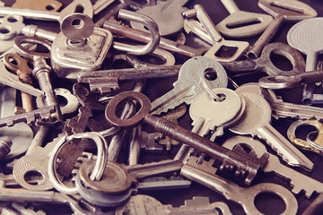 Group of the different vintage keys to a door