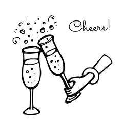 Hand holding champagne glass, cheers, celebrating. Hand-drawn vector illustration. Isolated on white.