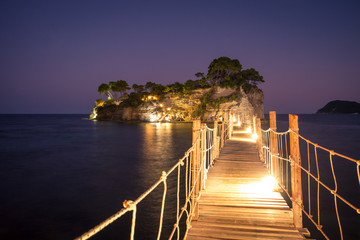 Cameo island at night. Hanging bridge to the island at night, Zakhynthos in Greece.