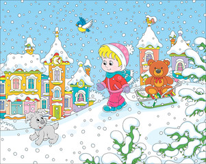Little girl walking with her small cheerful pup and a sledge with a funny toy bear on a snow-covered playground in a winter park of a small town, vector illustration in a cartoon style