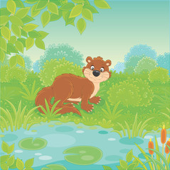 Obraz na płótnie Canvas Brown river otter in grass by a small blue lake in a wild green forest on a summer day, vector illustration in a cartoon style