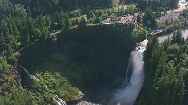 Washington State, circa-2019.  Aerial view of Snoqualmie Falls.  Shot from helicopter with Cineflex gimbal and RED 8K camera.