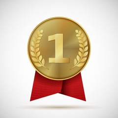 Gold medal with red ribbon. First place golden design bage. Realistic vector illustration symbol places numbers one like award sports hero on white background