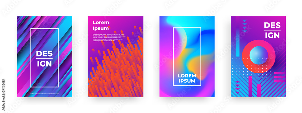 Poster Abstract posters. Modern geometric colorful gradient shapes with pattern elements on vibrant covers and flyers. Vector minimal brochures with abstract circles triangles and other elements