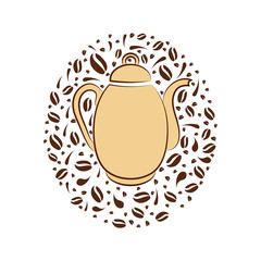 Coffee pot and coffee beans. Image of a light coffee pot and dark coffee beans on a white background. Vector illustration.