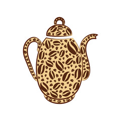 Coffee pot in the coffee beans. Image of a coffee pot in coffee beans on a white background. Vector illustration.