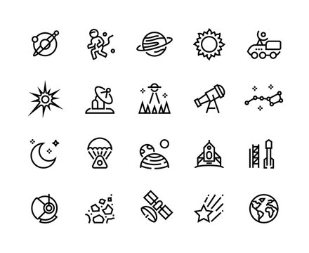 Space line icons. Planets and stars infographic elements with astronaut alien rocket and other astronomy and cosmos vector symbols. Set futuristic idea outline sign observatory capsules