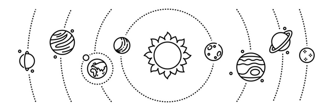 Planet line icons. Cosmos objects and solar system planets infographic elements. Vector illustration astronomy and space thin line banner universe map symbols