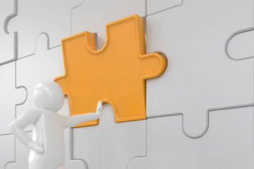 The character is wearing the last piece of the jigsaw puzzle to complete the mission. Includes selection path of floor and background.