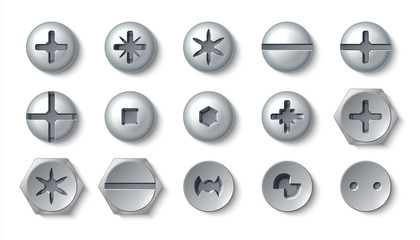 Realistic screws. Metal bolt different head and steel rivets with washers and nuts. Vector top view close up of round and hexagonal screws and fasteners industry