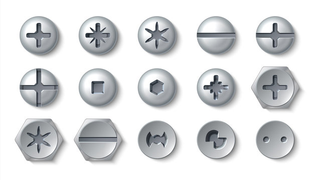 Realistic screws. Metal bolt different head and steel rivets with washers and nuts. Vector top view close up of round and hexagonal screws and fasteners industry