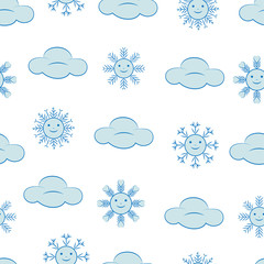 Fototapeta premium Funny snowflakes and clouds. On a white background kawaii snowflakes and blue clouds. Vector illustration.