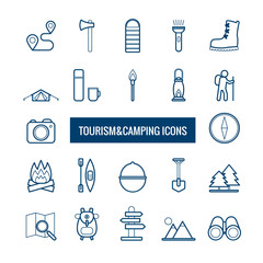 Set of modern vector line tourism and camping icons for web design - 294133645