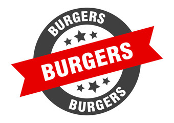 burgers sign. burgers black-red round ribbon sticker