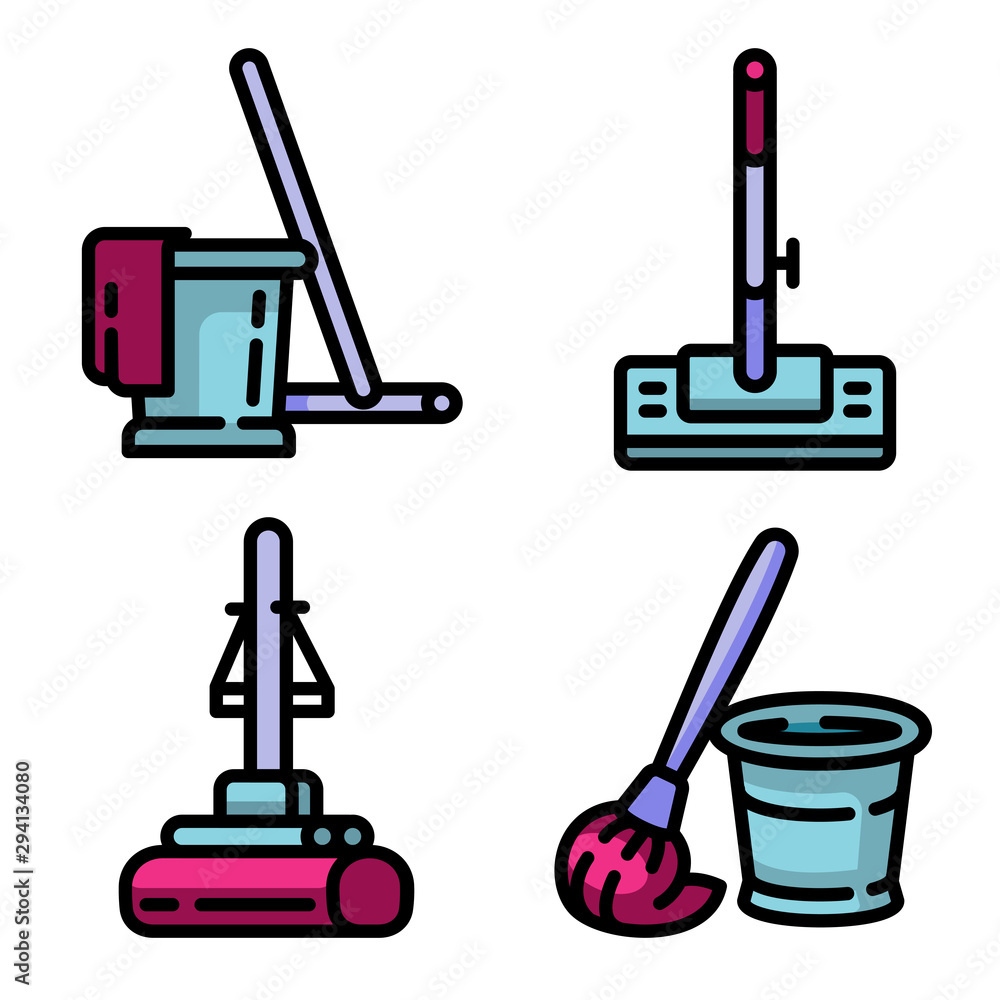 Poster mop icons set. outline set of mop vector icons for web design isolated on white background