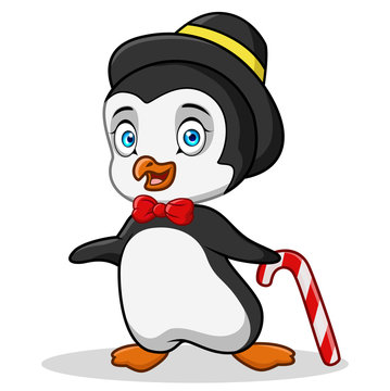 a cute cartoon penguin holding a christmas candy cane.
