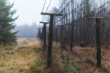 Barbwire fence. Part of the czech german borderline in the middle of a foest on a grey and foggy autumn morning. Trail leading towards an old rotten military boarder watchtower