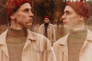 Multiple exposure. Traveler in a raincoat and a red knitted hat. Loneliness. Psychology