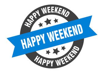 happy weekend sign. happy weekend blue-black round ribbon sticker