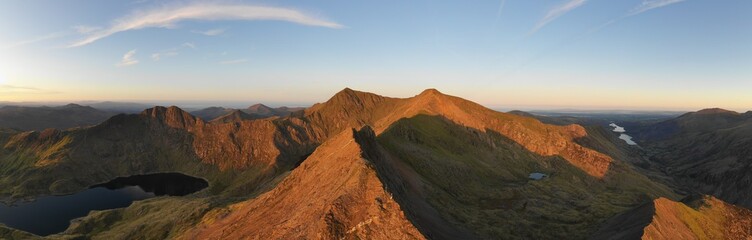 Snowdonia panoramic mountain landscape view with Crib Goch and Mount Snowdon