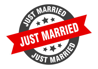 just married sign. just married black-red round ribbon sticker