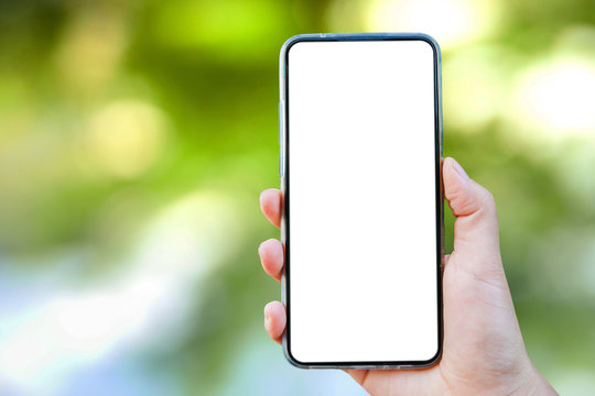 Mock up image of A hand holding a blank screen of smartphone on green bokeh blurred​ background.
