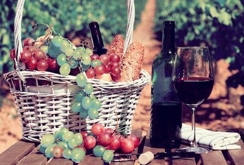 red wine ripe grapes and picnic basket on table in vineyard