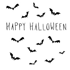 Bats and happy halloween hand lettering text banner for october holidays. Vector illustration EPS10.