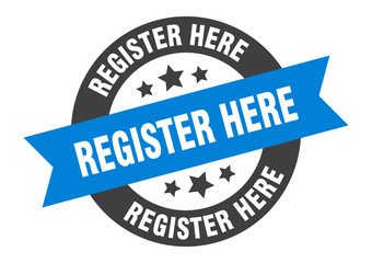 register here sign. register here blue-black round ribbon sticker