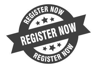 register now sign. register now black round ribbon sticker