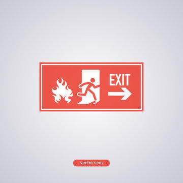 Emergency exit. A man running to the exit. Red safety sign. Vector illustration.