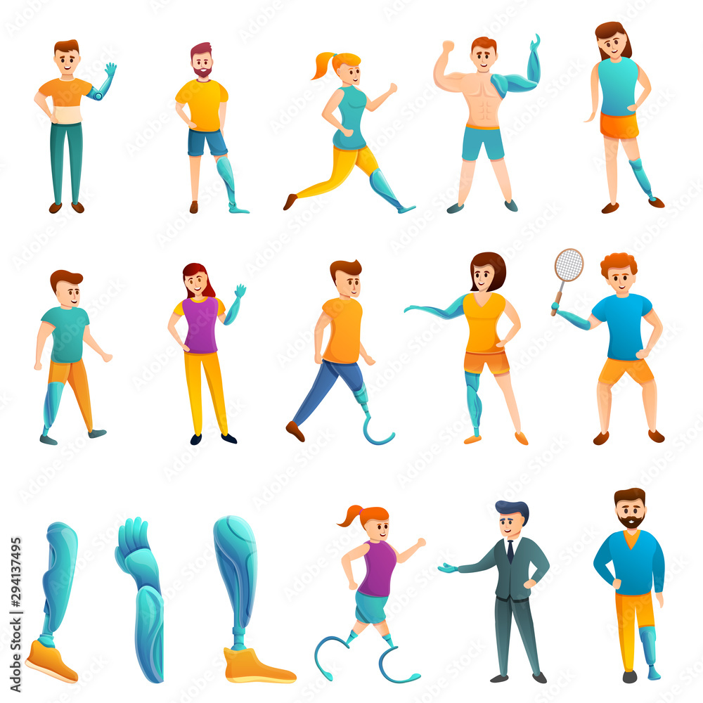 Poster artificial limbs icons set. cartoon set of artificial limbs vector icons for web design