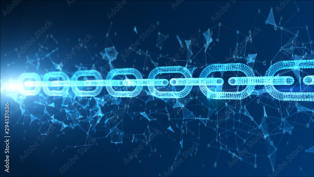 Poster digital particle blockchain network connection concept