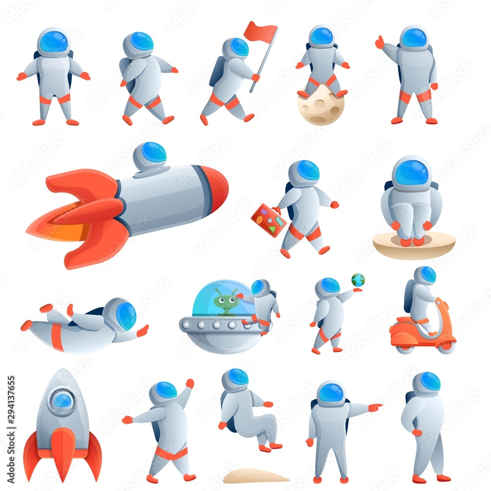 Poster astronaut icons set. cartoon set of astronaut vector icons for web design