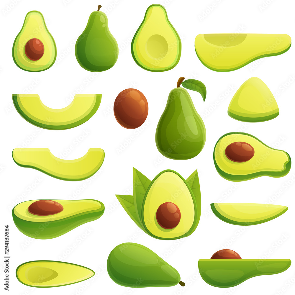 Poster avocado icons set. cartoon set of avocado vector icons for web design