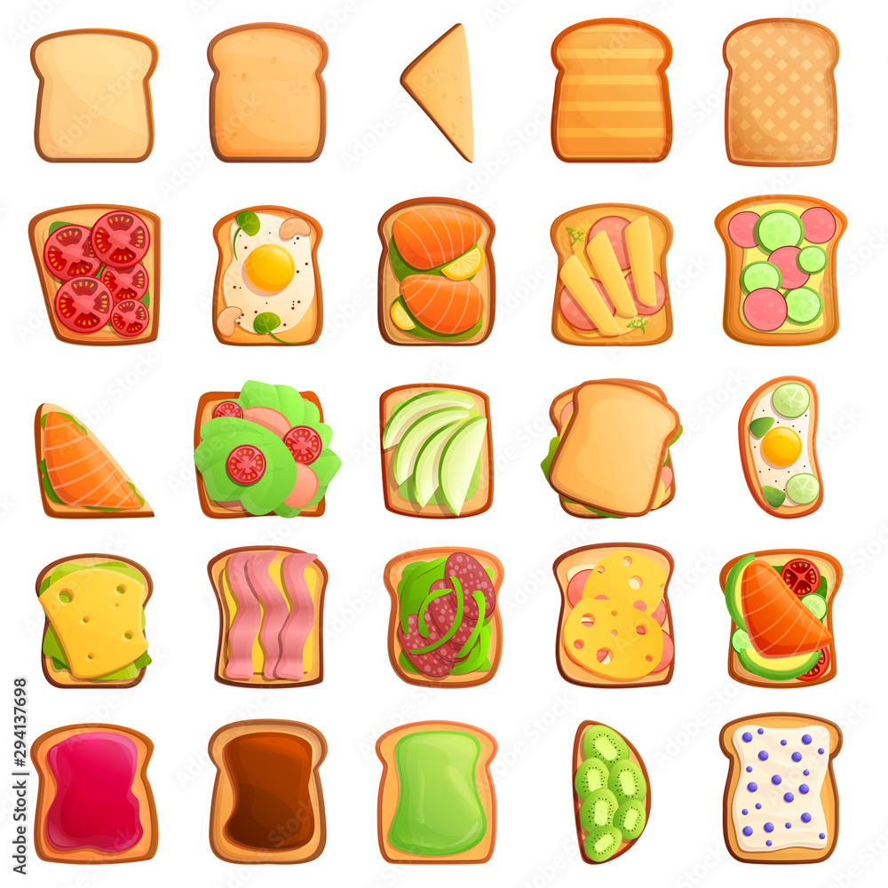 Poster toast icons set. cartoon set of toast vector icons for web design