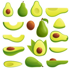 Avocado icons set. Cartoon set of avocado vector icons for web design