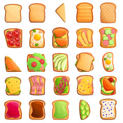 Toast icons set. Cartoon set of toast vector icons for web design