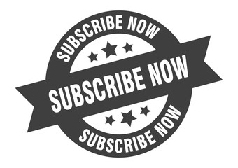 subscribe now sign. subscribe now black round ribbon sticker