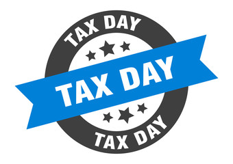 tax day sign. tax day blue-black round ribbon sticker